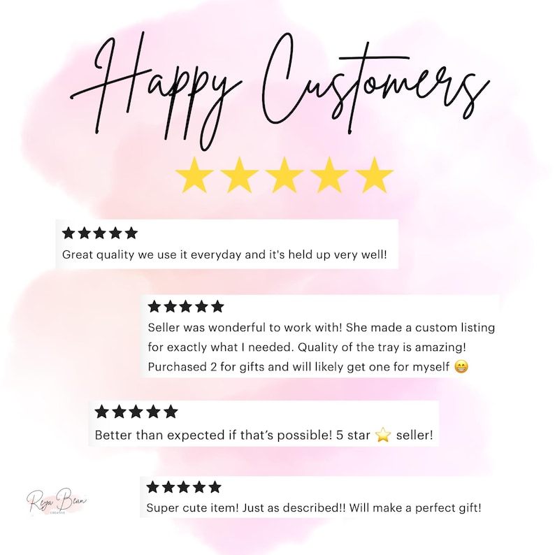Peut inclure: Image avec le texte "Happy Customers" en &eacute;criture cursive au-dessus de cinq &eacute;toiles dor&eacute;es. Des avis clients avec des notes de cinq &eacute;toiles sont affich&eacute;s en dessous, soulignant la qualit&eacute; du produit et le service. Le logo Reyn Bean est en bas &agrave; gauche.