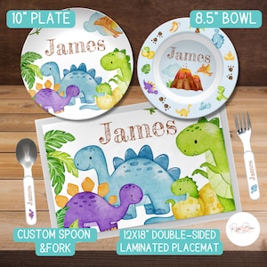 Custom Dinosaur Plate Bowl Placemat Fork and Spoon Set Kid&#39;s Name, Dinosaur Theme Unbreakable Plate Set for Child, BPA-Free Dinnerware Gift