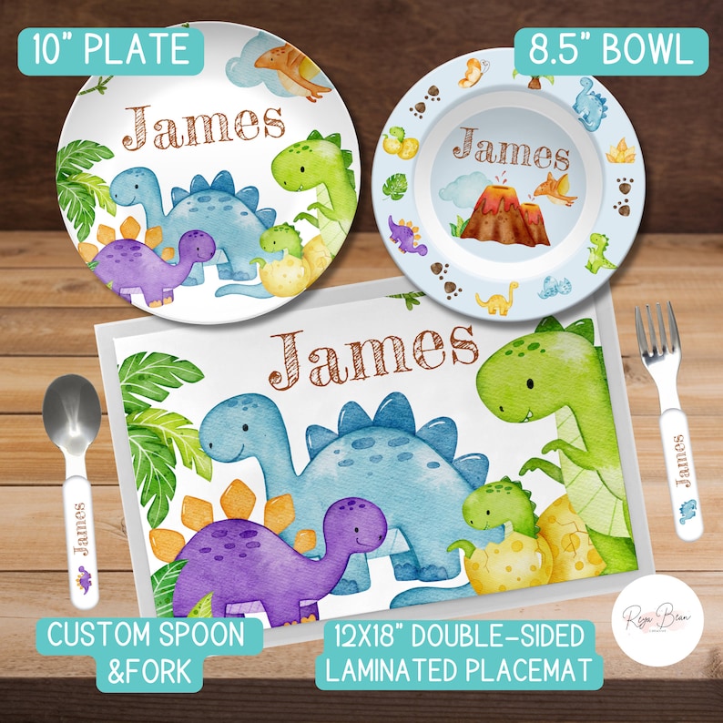 Custom Dinosaur Plate Bowl Placemat Fork and Spoon Set Kid's Name, Dinosaur Theme Unbreakable Plate Set for Child, BPA-Free Dinnerware Gift