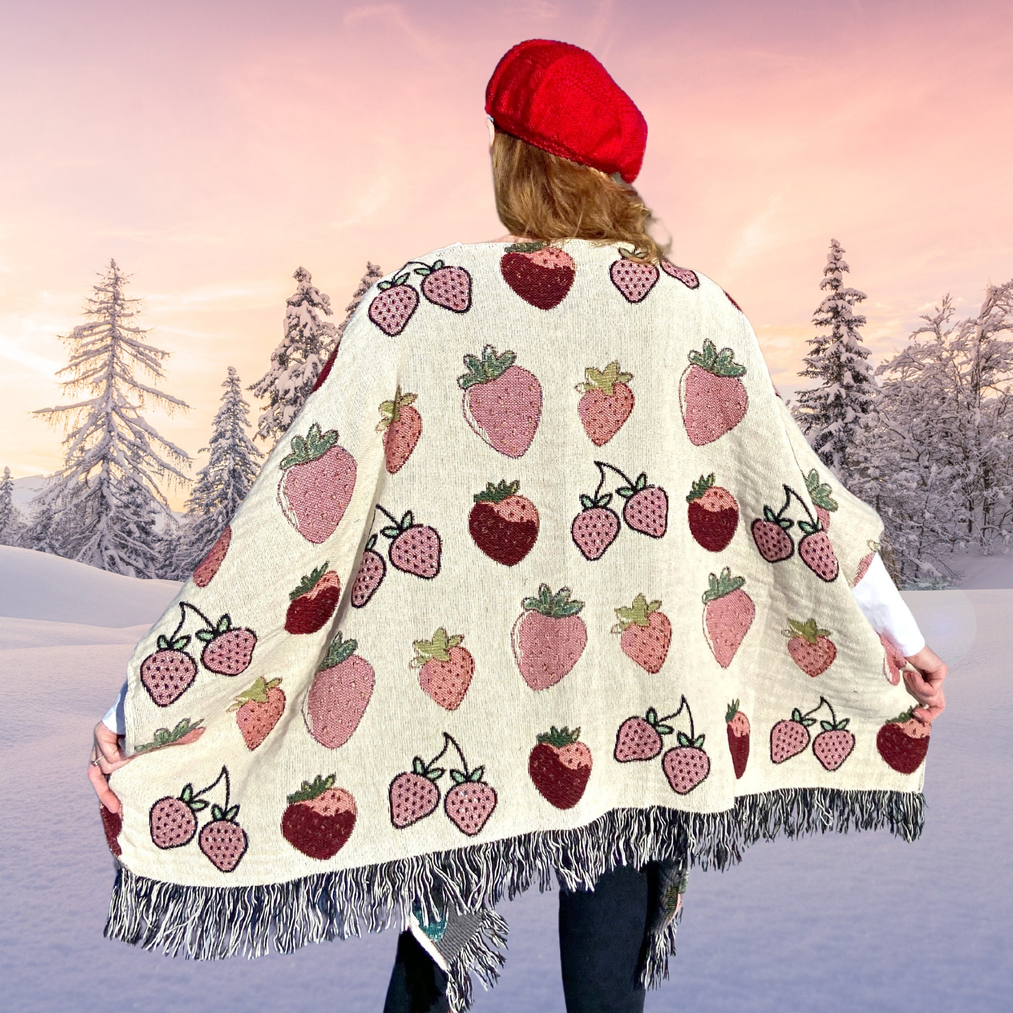 Strawberry Woven Poncho Gift for Her, Cute Fruit Pullover Blanket