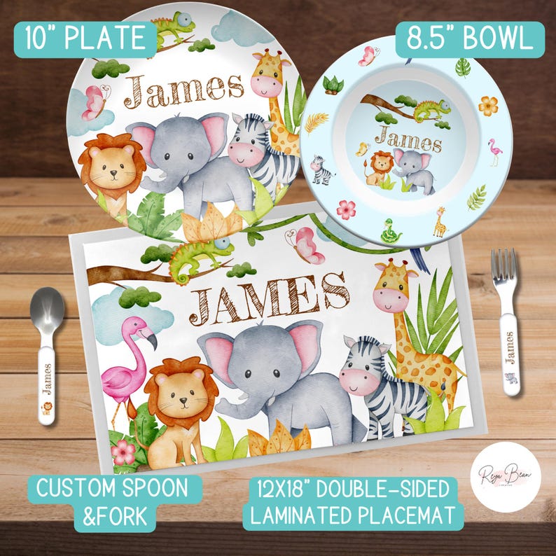 Custom Kids Safari Adventure Plate Bowl Placemat Dining Set, Fork Spoon