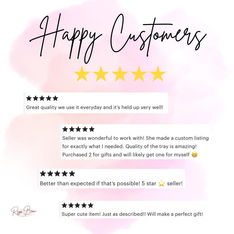 May include: Five-star customer reviews for a product. The reviews highlight the quality, customizability, and cuteness of the product. The text reads "Happy Customers" and includes several five-star ratings.