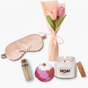 Spa Gift Set, Crochet Bouquet and Soy Candle, Blush Tones