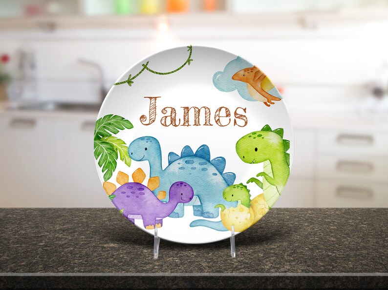 Custom Dinosaur Plate Bowl Placemat Fork and Spoon Set Kid's Name, Dinosaur Theme Unbreakable Plate Set for Child, BPA-Free Dinnerware Gift
