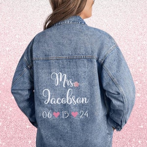 Bride Custom Name Jean Jacket, Mrs. Wedding Date Denim Jacket for Bride, Honeymoon Outfit for Wife, Floral Bride Gift, Newly Married Custom
