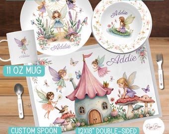 Custom Fairy Birthday Dinnerware Set, Personalized Fairies Party Plate, Bowl, Mug, Placemat, Silverware