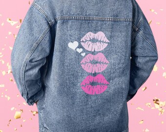 Retro 90s Oversized Denim Jacket - Pink Lips and Hearts Print