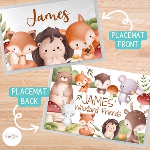 Custom Woodland Animals Kids Dinnerware Set, Plate Bowl Placemat Fork and Spoon BPA-Free, Fox Hedgehog Squirrel Bear Bunny Unbreakable Plate