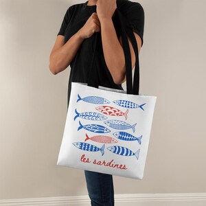 Sardines Tote Bag Fisherman Aesthetic, Tinned Fish Les Sardines Print Coastal Grandma Canvas Bag, Nautical Ocean French Inspired, 3 Sizes