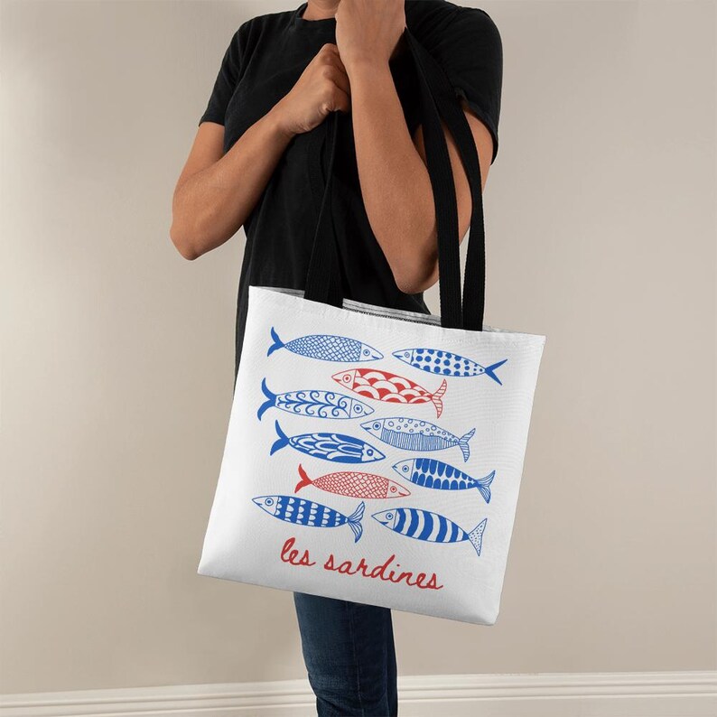 Sardines Tote Bag Fisherman Aesthetic, Tinned Fish Les Sardines Print Coastal Grandma Canvas Bag, Nautical Ocean French Inspired, 3 Sizes