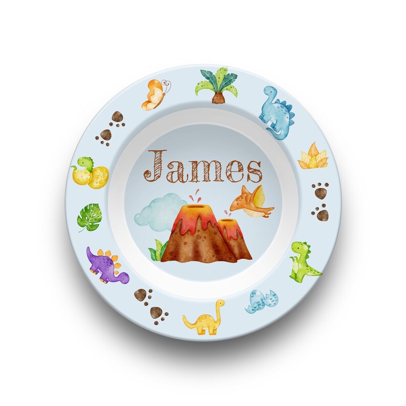 Custom Dinosaur Plate Bowl Placemat Fork and Spoon Set Kid's Name, Dinosaur Theme Unbreakable Plate Set for Child, BPA-Free Dinnerware Gift