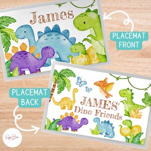 Custom Dinosaur Plate Bowl Placemat Fork and Spoon Set Kid's Name, Dinosaur Theme Unbreakable Plate Set for Child, BPA-Free Dinnerware Gift