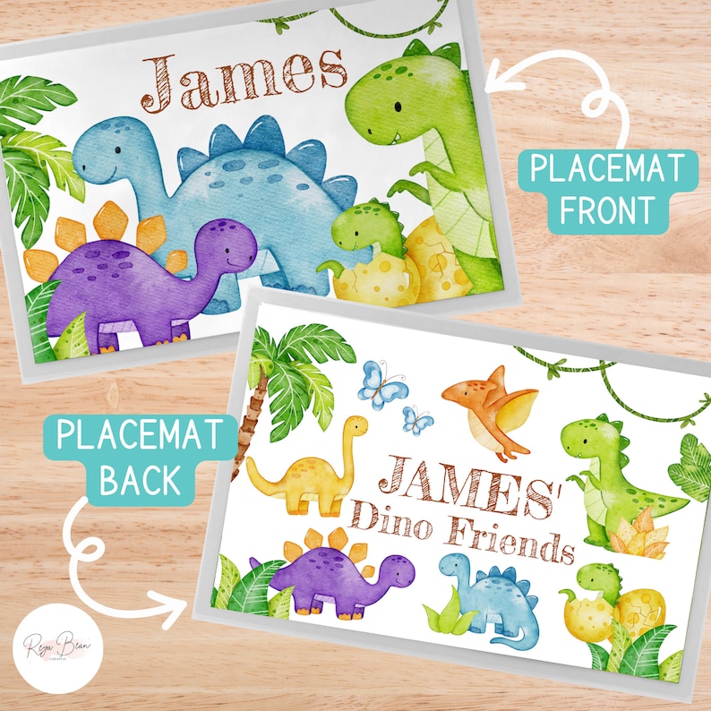 Custom Dinosaur Plate Bowl Placemat Fork and Spoon Set Kid's Name, Dinosaur Theme Unbreakable Plate Set for Child, BPA-Free Dinnerware Gift