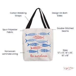 Sardines Tote Bag Fisherman Aesthetic, Tinned Fish Les Sardines Print Coastal Grandma Canvas Bag, Nautical Ocean French Inspired, 3 Sizes