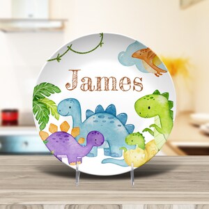 Custom Dinosaur Plate Bowl Placemat Fork and Spoon Set Kid's Name, Dinosaur Theme Unbreakable Plate Set for Child, BPA-Free Dinnerware Gift