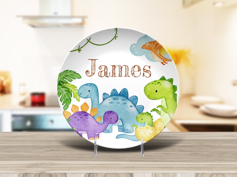 Custom Dinosaur Plate Bowl Placemat Fork and Spoon Set Kid's Name, Dinosaur Theme Unbreakable Plate Set for Child, BPA-Free Dinnerware Gift