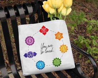 Chakras Tote Bag, You are so loved Rainbow Chakra Spiritual, Mindfulness Yoga Class Sacred Geometry, Boho Wellness Metaphysical Gift for Her