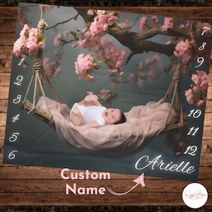 Baby&#39;s Custom First Year Milestone Baby Blanket Velveteen, Floral Swing Newborn Pink Grey Blanket for Girl, Baby Name Monthly Photo Idea