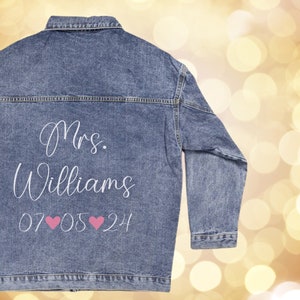 Bride Custom Name Jean Jacket, Mrs. Wedding Day Denim Jacket for Bride, Honeymoon Outfit for Wife, Floral Bride Gift, Newly Married Custom