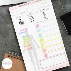 May include: A Distance Reiki Healing notepad with a pink and white design. The notepad includes sections for name, age, gender identity, and session details. It features symbols, chakra illustrations, and the text "Reiki Practitioner."