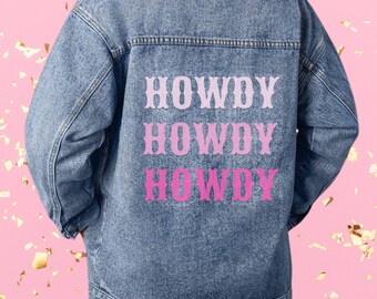 Oversized Denim Jacket: Pink Howdy Print - Coastal Cowgirl Style