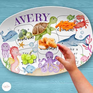 Custom Sea Animals Picky Eater Plate, Take a Bite Fun Personalized Kid's Mug Fork Spoon, Unisex Under the Sea Platter, Unbreakable BPA-Free