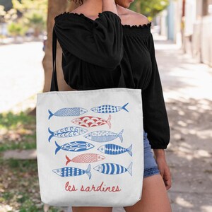 Sardines Tote Bag Fisherman Aesthetic, Tinned Fish Les Sardines Print Coastal Grandma Canvas Bag, Nautical Ocean French Inspired, 3 Sizes