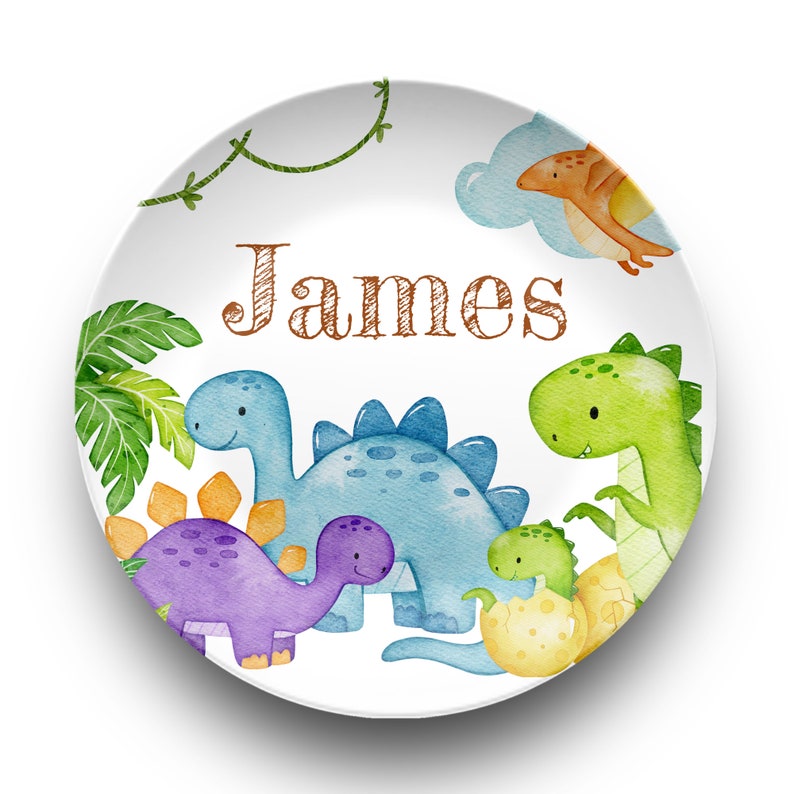 Custom Dinosaur Plate Bowl Placemat Fork and Spoon Set Kid's Name, Dinosaur Theme Unbreakable Plate Set for Child, BPA-Free Dinnerware Gift