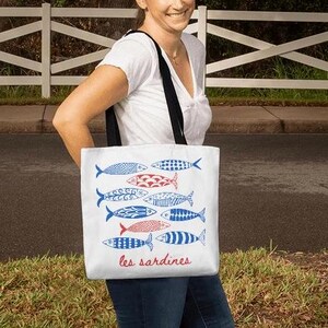 Sardines Tote Bag Fisherman Aesthetic, Tinned Fish Les Sardines Print Coastal Grandma Canvas Bag, Nautical Ocean French Inspired, 3 Sizes