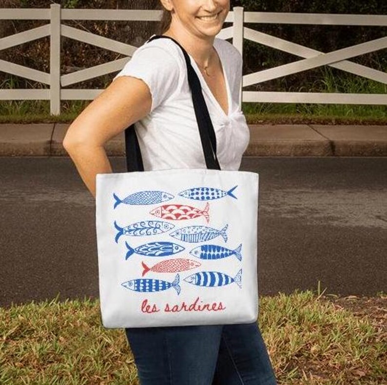 Sardines Tote Bag Fisherman Aesthetic, Tinned Fish Les Sardines Print Coastal Grandma Canvas Bag, Nautical Ocean French Inspired, 3 Sizes
