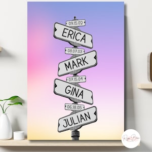 Road Sign Wall Art Custom Wrapped Canvas, Personalized Gift for Mom Grandma&#39;s Grandkids, Sunset Kids Names Birthdays Street Sign Canvas Art