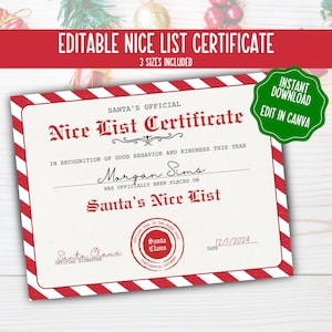 Certificato modificabile della lista dei buoni di Babbo Natale - Posta ufficiale di Babbo Natale stampabile fai da te - Nota di Babbo Natale - Polo Nord - Download immediato