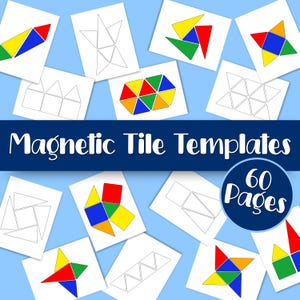 Może przedstawiać: Zbiór białych kart z geometrycznymi kształtami i kolorowymi wzorami płytek magnetycznych. Tekst "Magnetic Tile Templates" jest wyświetlany na niebieskim banerze, z napisem "60 Pages" w okręgu. Kształty obejmują trójkąty, kwadraty i inne wielokąty.