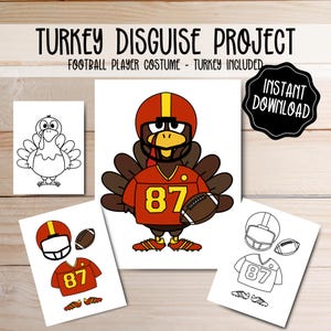 May include: Printable Thanksgiving craft activity featuring a turkey dressed as a football player. The printable includes a colour image of the turkey, a black and white outline of the turkey, and a separate sheet with the football player costume pieces to cut out and glue on.
