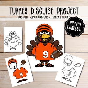 May include: A digital download featuring a turkey in a football player costume. The turkey wears an orange jersey with the number 9 and a helmet. The text reads "Turkey Disguise Project" and "Instant Download."