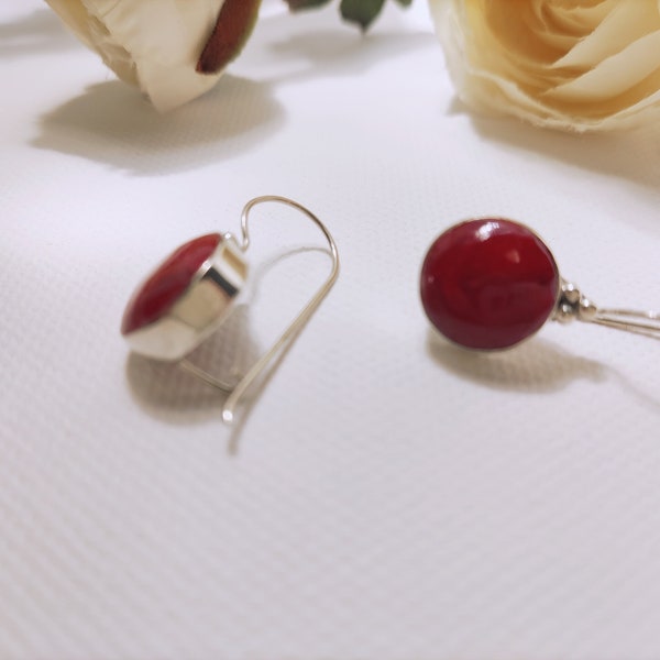 Red Coral 925 silver hoop earring: natural crimson coral, 925 silver, ever lasting shine