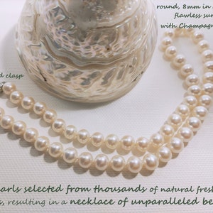 Luxe Luminance Pearl Necklace: round, 8mm in diameter, flawless surface natural water pearl, with Champagne Shine, 18-karat white gold clasp