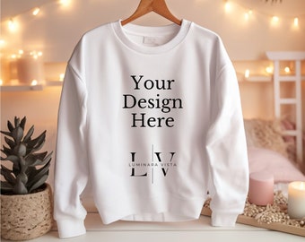 Gildan 18000 Mockup | White Gildan 18000 Sweater Mockup | Hanging White Sweatshirt Mockup