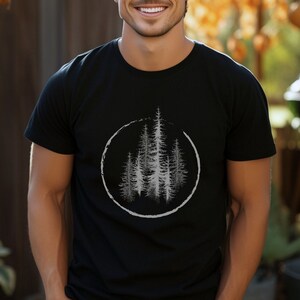 Mens Tree T Shirt Forest Shirt Hiking Trekking Tshirt Forest Tee Camping Adventure - Gray Pine Trees