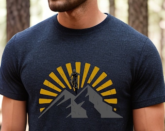 Mountain Bike T-Shirt Yellow Sunset Mountain with Biker MTB Gift Mountainbike Biking Shirt Cycling