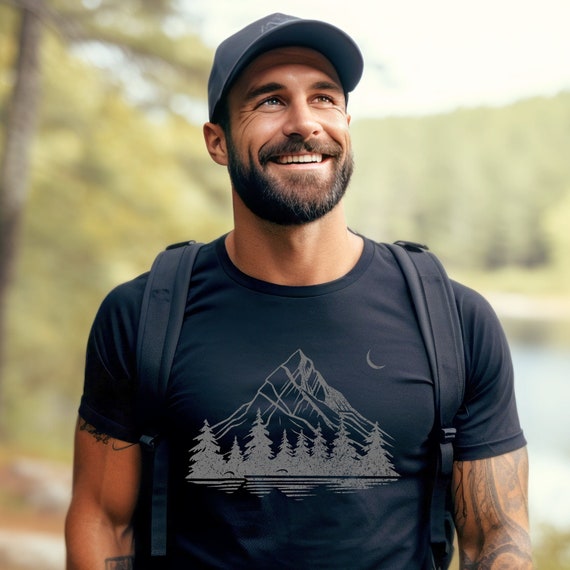 Hiking Tshirt Mens Graphic Tee Mountain T Shirt Tree Forest Pine Trees