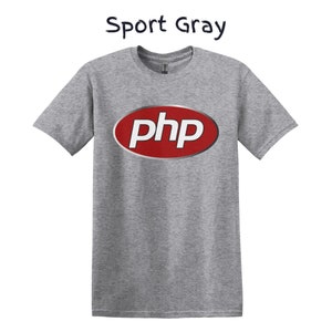 May include: A grey t-shirt with a red oval logo that says "php" in white letters.