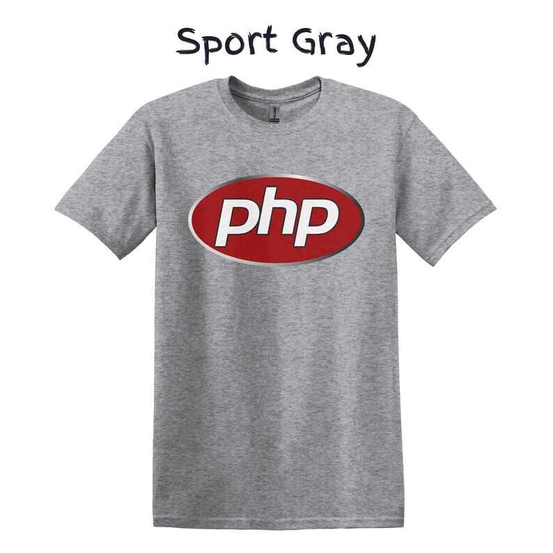 May include: A grey t-shirt with a red oval logo that says "php" in white letters.