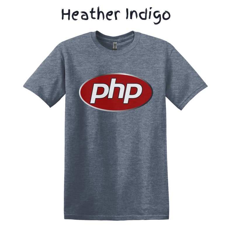 May include: A heather indigo t-shirt with a red oval logo that says "php" in white letters.