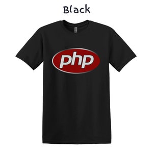 May include: Black t-shirt with a red oval logo that says "php" in white letters.