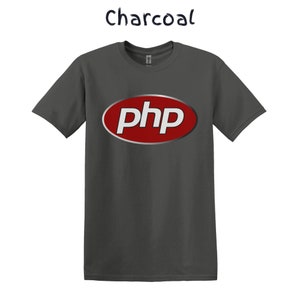 May include: A charcoal grey t-shirt with a red oval logo that says "php" in white letters.