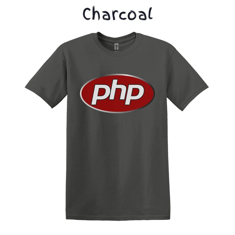 May include: A charcoal grey t-shirt with a red oval logo that says "php" in white letters.