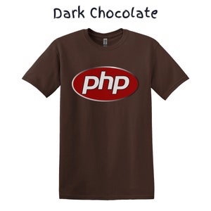 May include: A dark chocolate brown t-shirt with a red oval logo that says "php" in white letters.