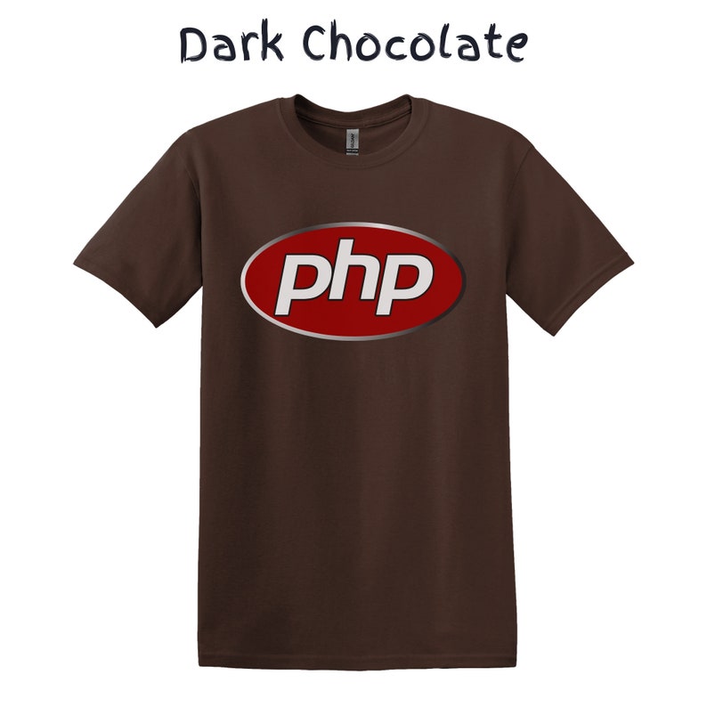 May include: A dark chocolate brown t-shirt with a red oval logo that says "php" in white letters.