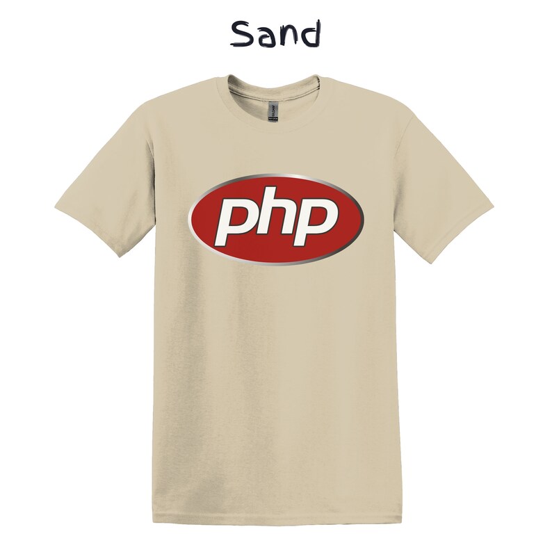 May include: A sand coloured t-shirt with a red oval logo that says "php" in white letters.